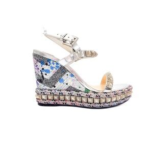 Christian Louboutin Sequin Silver Studded Espadrille Platform Sandals EU 37